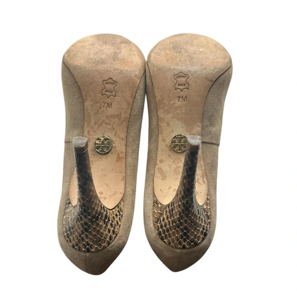 Tory Burch Tan Suede Pumps with Snakeskin Heels